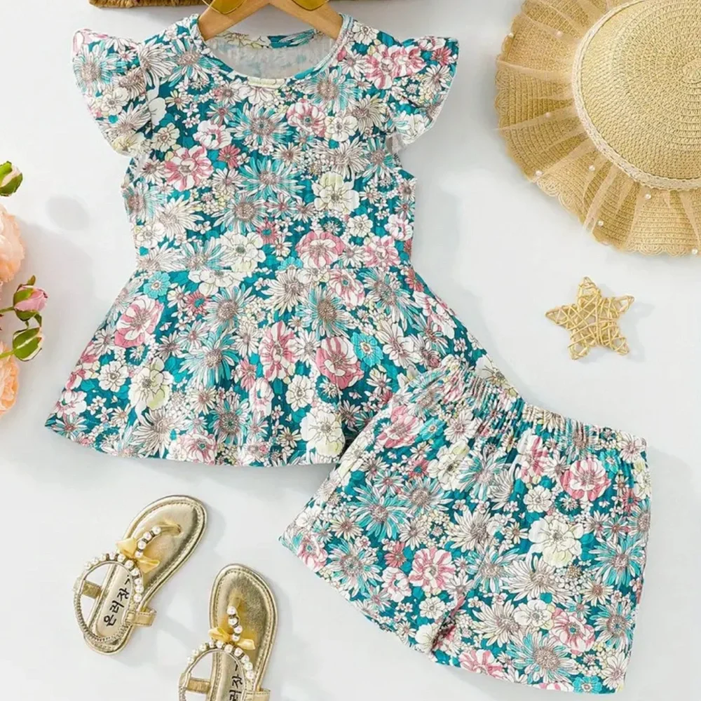 Floral Ruffle Sleeve Top and Shorts Set Matching Outfit